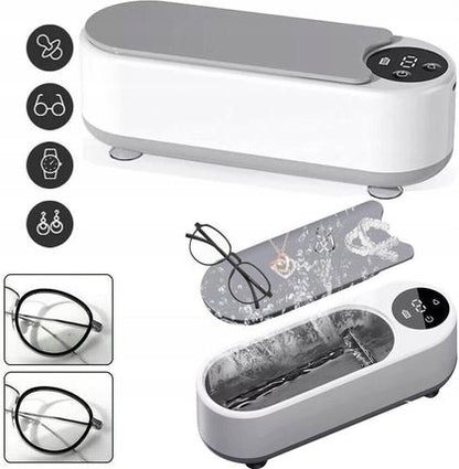 Electronic device for cleaning glasses with icons indicating its uses.